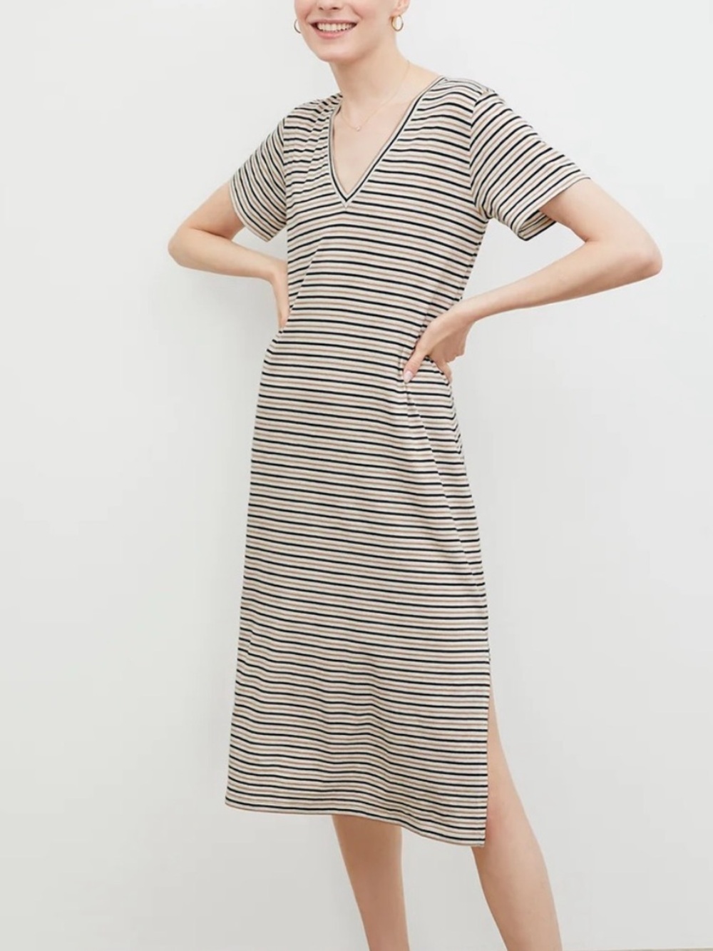 MM Lafleur Black and Cream Striped V-Neck Midi Dress with Side Slit